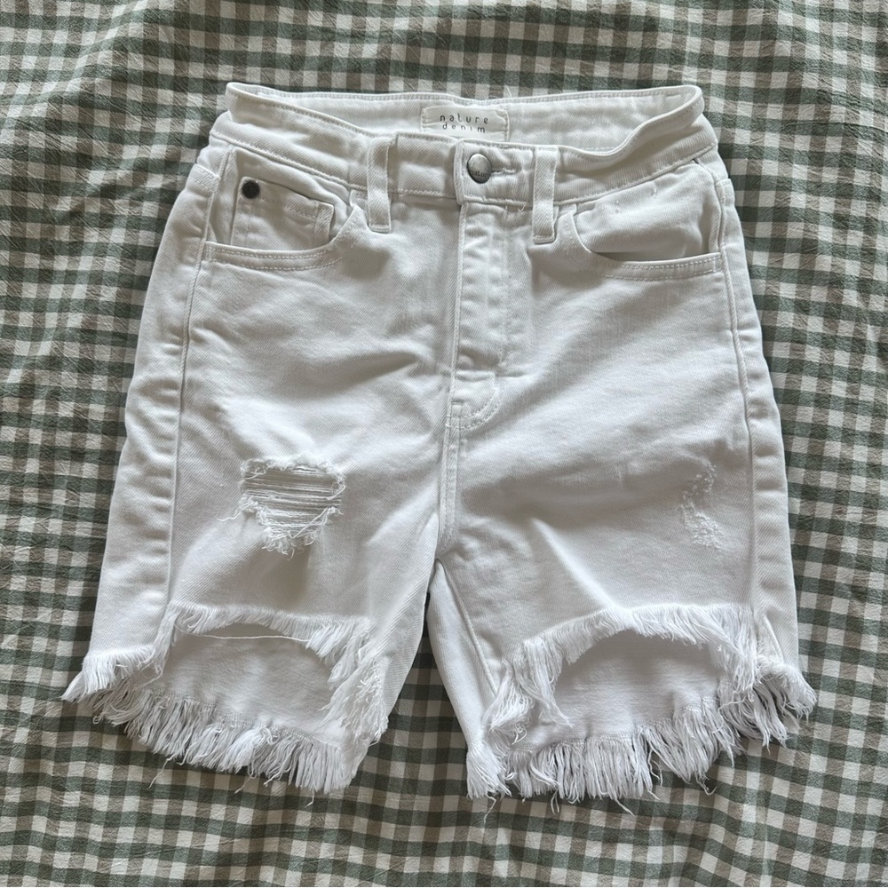 Nature Denim Distressed White Denim Shorts